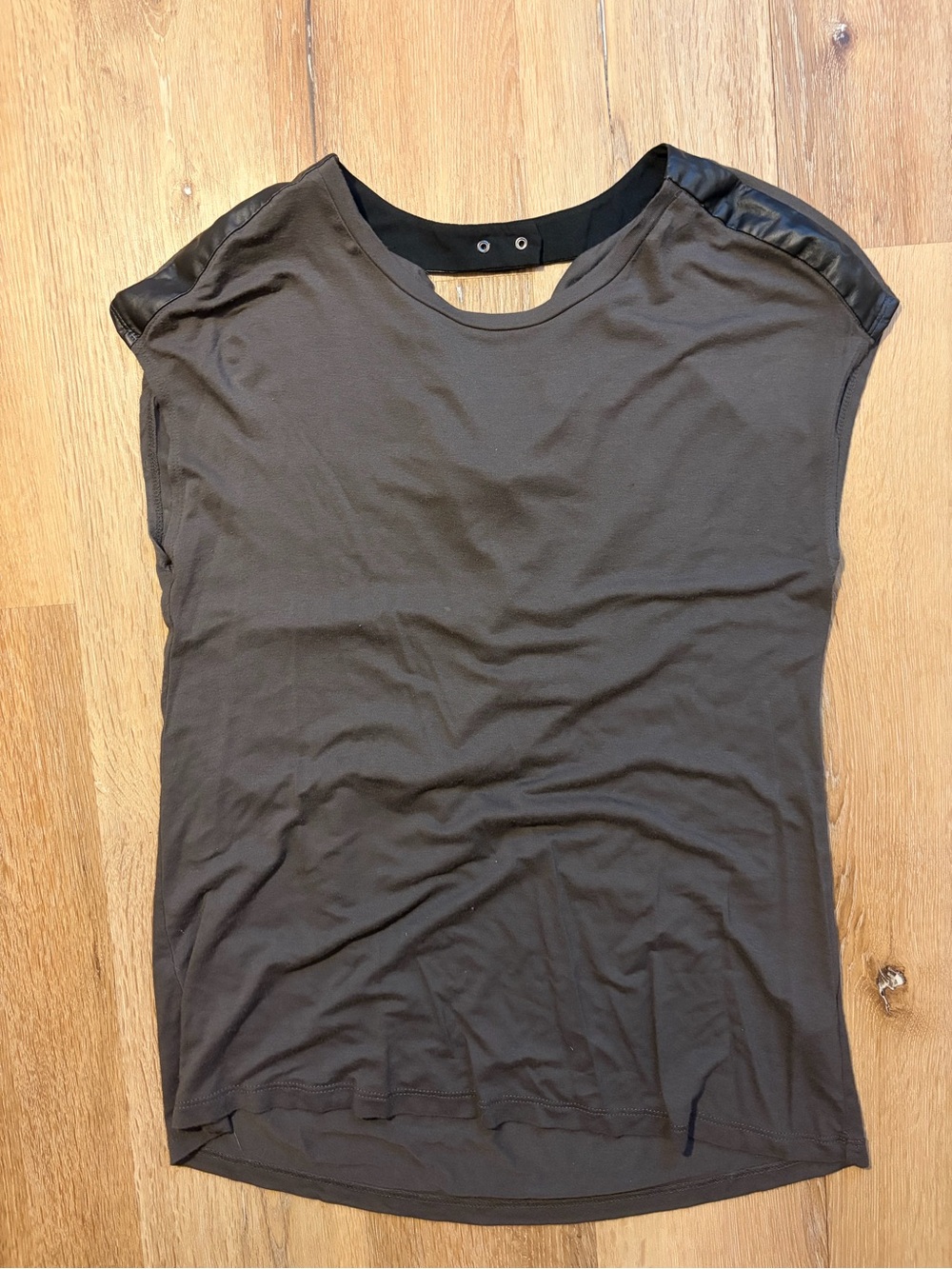 The Limited Black Short Sleeve Crewneck Top with Faux Leather Shoulders